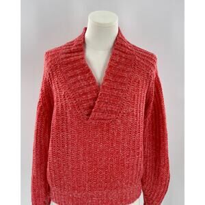 Anthropologie Coral Red Wool V-Neck Sweater Oversized Pullover Knit XS S